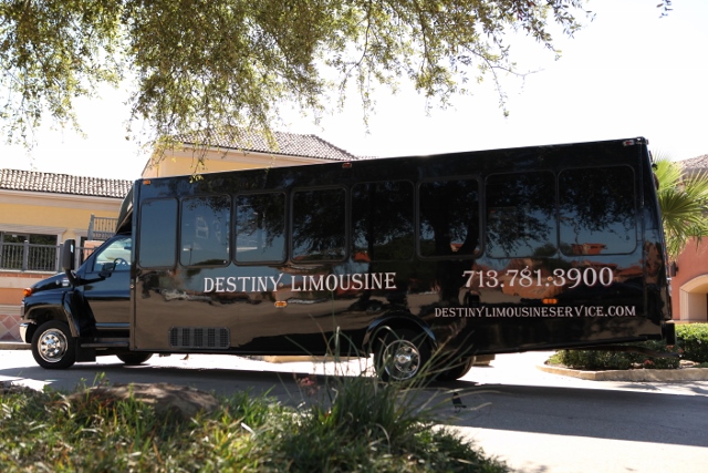 30 Passenger Black Limo Bus, a 30 passenger vehicle, part of the Destiny Limousine Service, Houston TX fleet