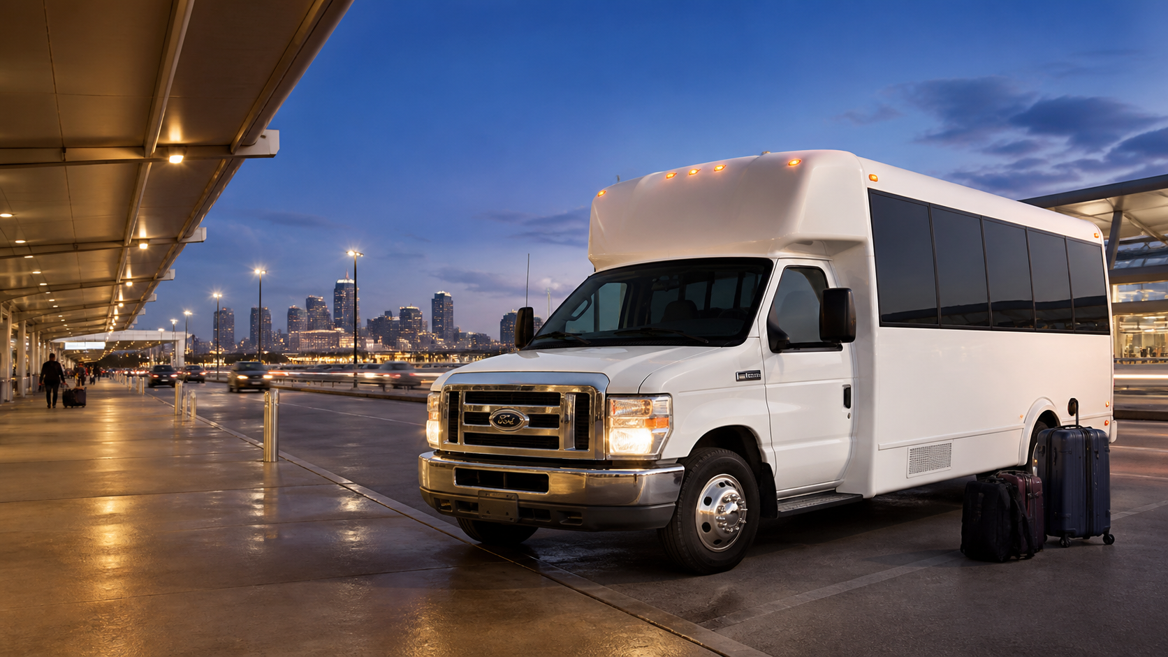 White Ford E450 shuttle bus ready for airport pickup to Galveston cruise terminals
