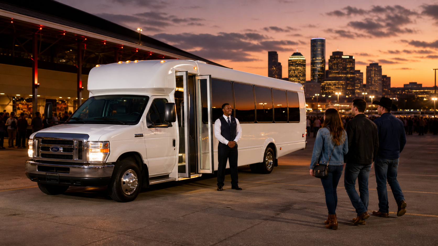 White Ford E450 shuttle bus arriving for Houston event transportation