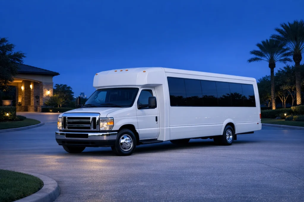 White Ford E450 Minibus ? exterior front three-quarter