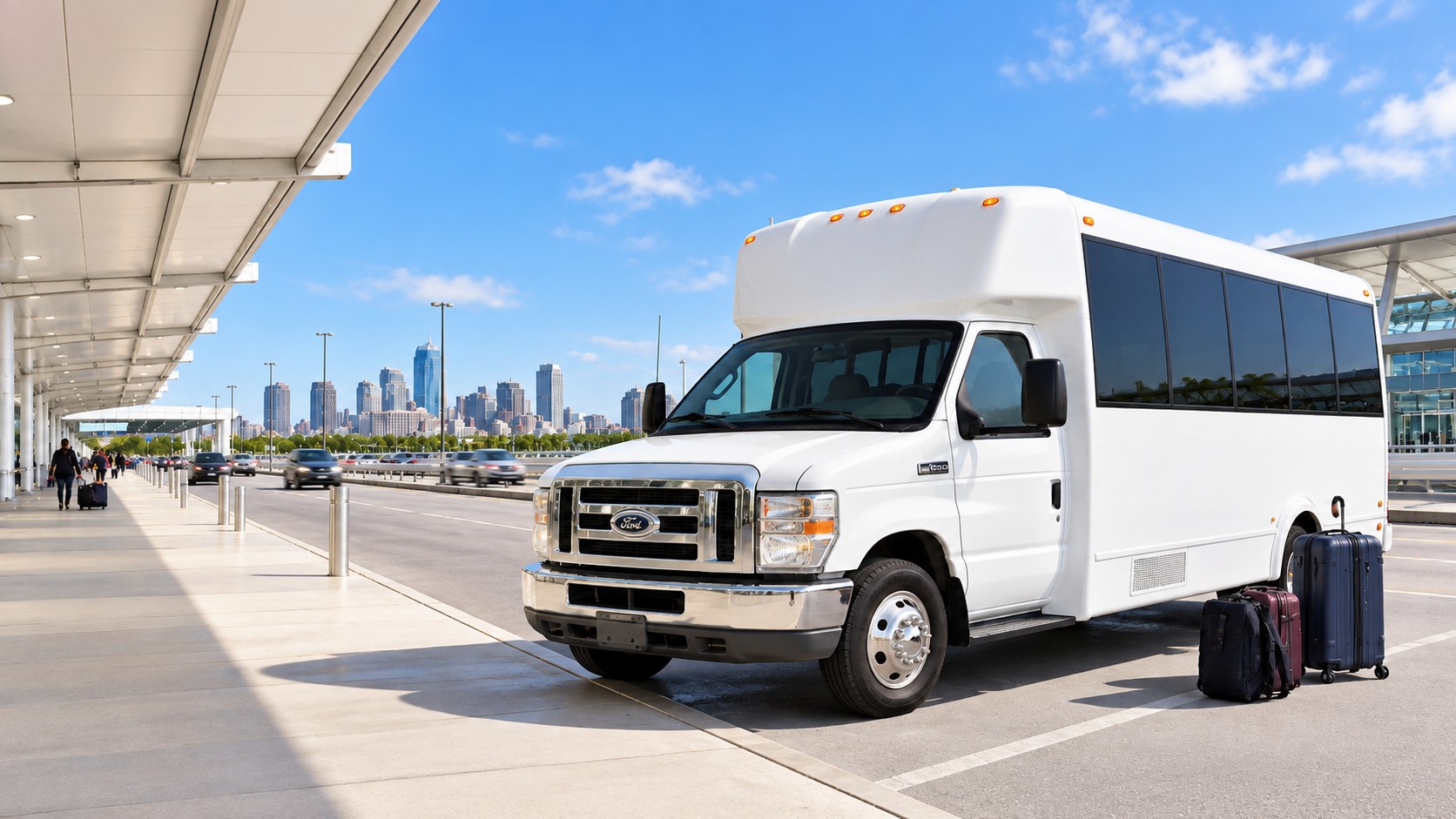 White shuttle bus at an airport terminal in daylight