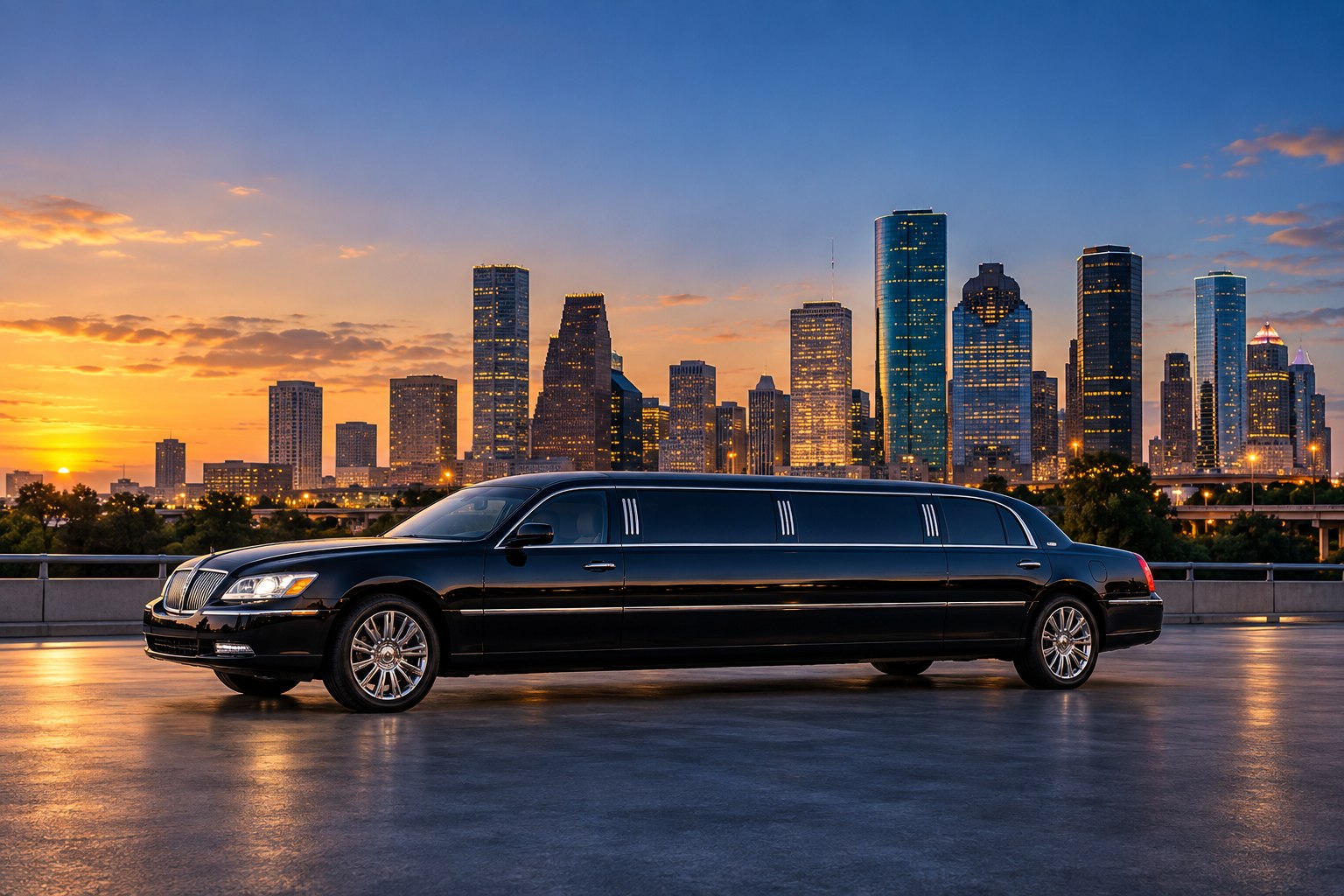 Black stretch limousine with the Houston skyline at sunset